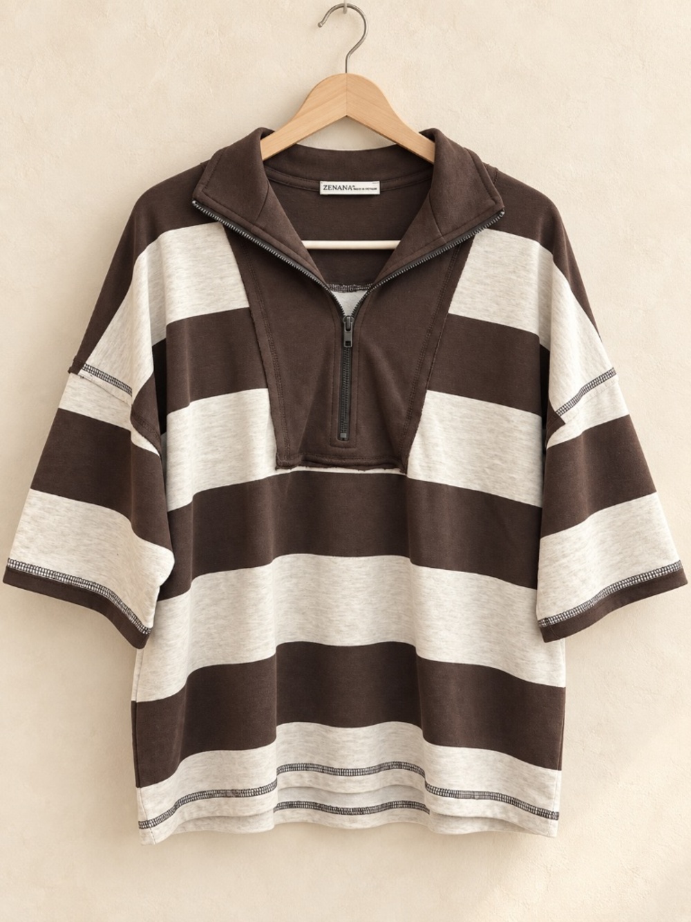 Zenana Brown & Cream Striped Half-Zip Top & Shorts Set - Picture 2 of 3